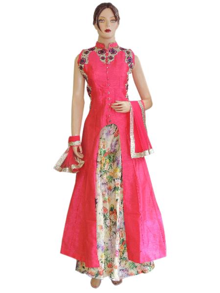 Ethnic Silk Long Jacket Style Suit With Silk Printed Lehenga