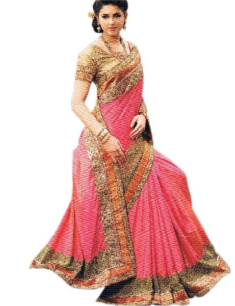 Ethnic Silk Pink Saree With Unstitched Brocade Gold Blouse