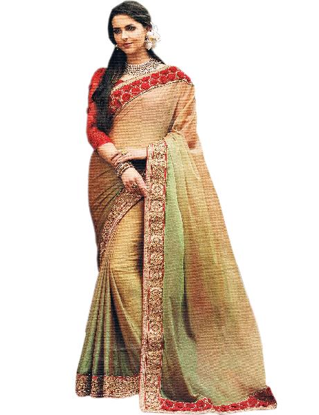 Exclusive Chiffon Shaded Saree With Unstitched Net Red Blouse