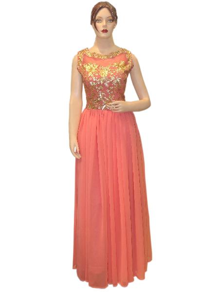 Exclusive Designer Netted Peach Long Dress Gown
