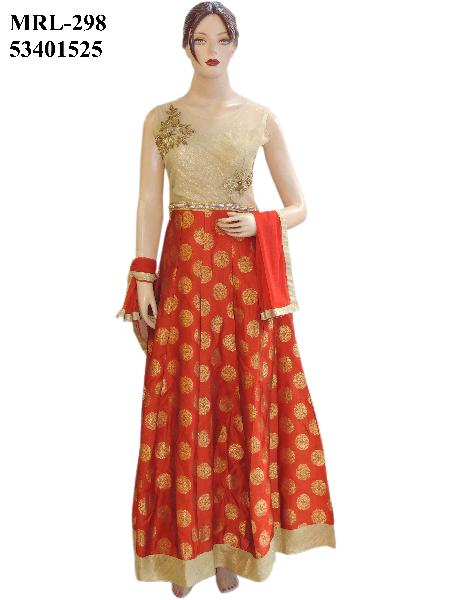 Exclusive Designer Silk Gold Red Long Floor Length Anarkali Suit