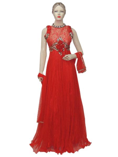 Exclusive Fancy Netted Red Long Dress Gown