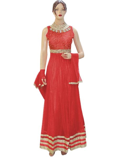 Fancy Designer Netted Red Long Anarkali Suit