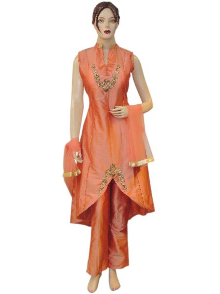 Fancy Exclusive Silk Peach Long Stylish Suit With Silk Peach Pant