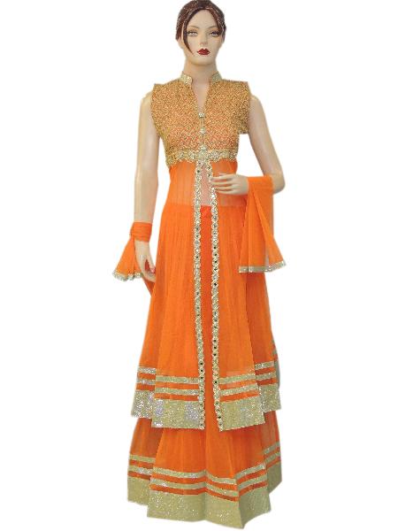 Fancy Net Orange Long Choli With Net Orange Lehenga