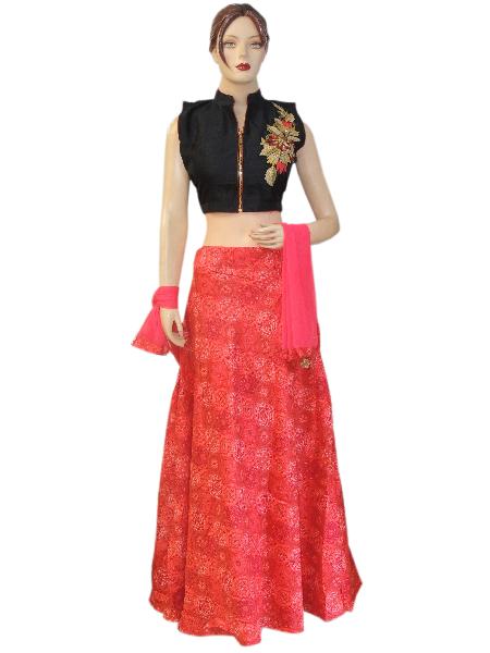 Fancy Silk Black Top Work Silk Red Printed Lehenga