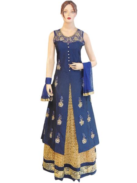 Fancy Silk Navy Blue Long Jacket Style Suit With Net Gold Lehenga