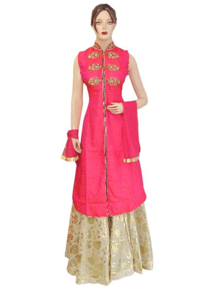 Fancy Silk Pink Jacket Style Long Choli, Jute Fabric Golden Printed Le