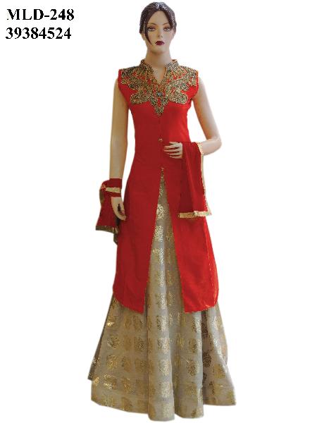 Fancy Silk Red Long Jacket Style Suit With Jute Gold Lehenga