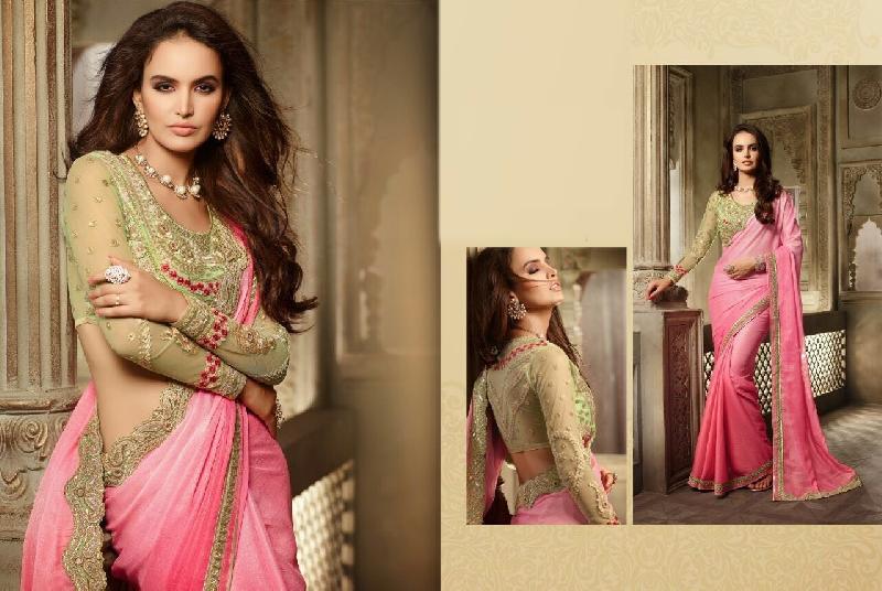 Foil Chiffon Shaded Pink Saree With Net Light Green Unstitched Blouse