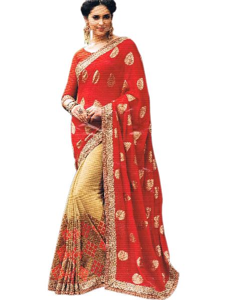 Georgette Gold Pleats With Banarasi Georgette Red Pallu Sari