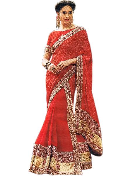 Georgette Red Pleats With Chiffon Red Pallu Saree