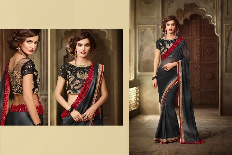 Georgette Shaded Black Gray Saree With Net Black Unstitched Blouse