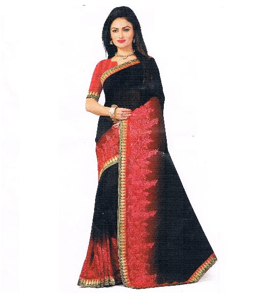 Georgette Shaded Black Red Saree With Silk Unstitched Red Blouse