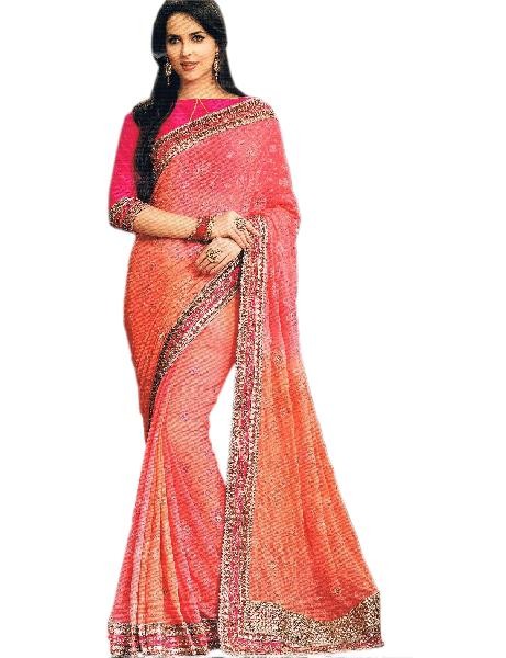 Georgette Shaded Pink Peach Saree With Unstitched Silk Pink Blouse