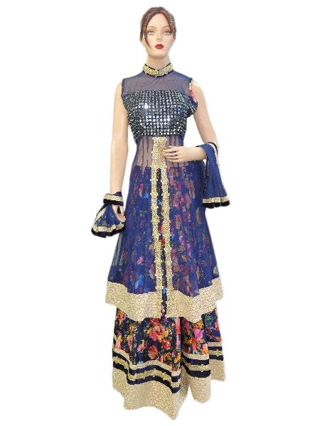 Heavy Net Navy Blue Long Choli With Silk Printed Lehenga