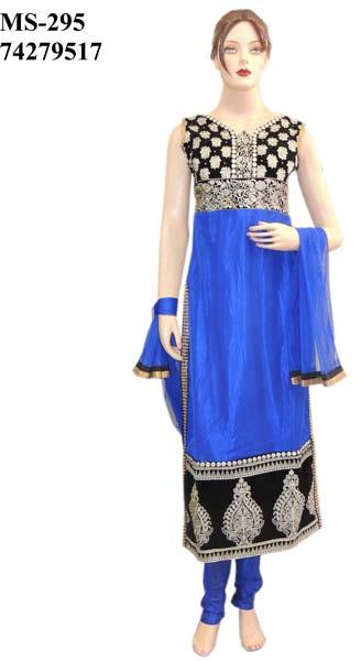 Indian Bollywood Ethnic Netted Blue Long Straight Suit