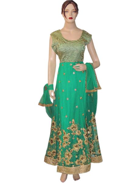 Indian Bollywood Netted Sea Green Long Floor Anarkali Suit
