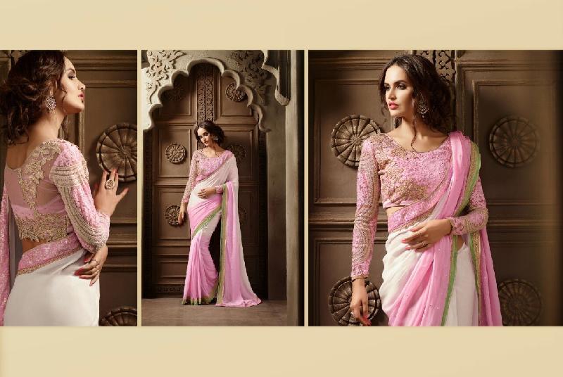 Indian Georgette Shaded Pink With Cream Sari