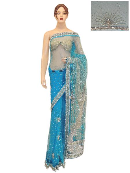 Net Firozi Saree With Firozi Heavy Unstitched Blouse