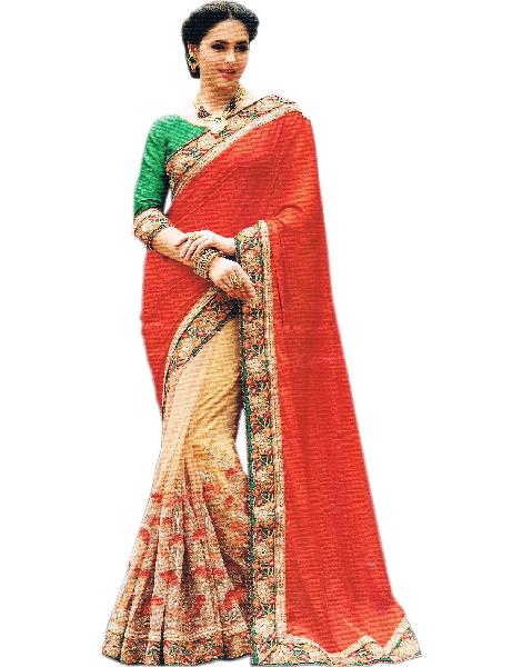 Net Gold Pleats, Silk Red Pallu With Unstitched Silk Green Blouse