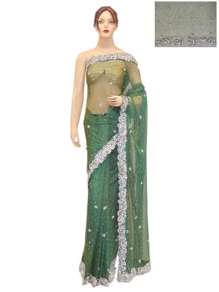 Net Green Saree With Green Unstitched Blouse