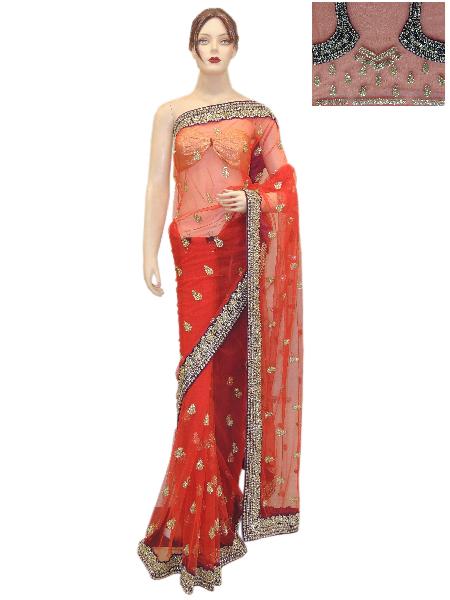 Net Red Saree With Heavy Designer Red Unstitched Blouse