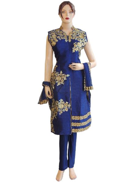 Silk Blue Long Straight Suit With Lycra Blue Bottom