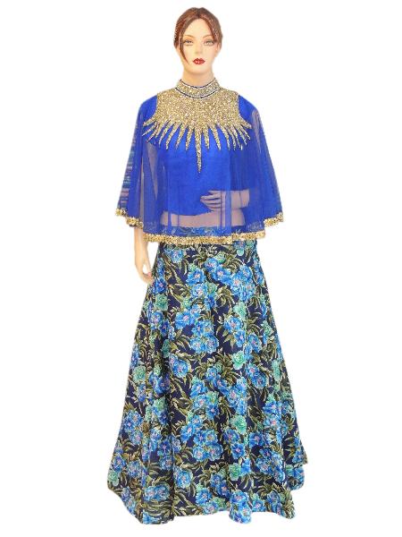 Silk Blue Top, Embroided Net Blue Top With Silk Printed Lehenga