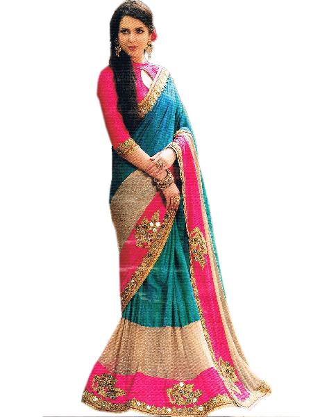 Silk Net Combination Saree With Unstitched Silk Pink Blouse