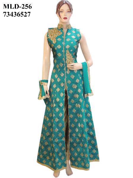 Silk Rama Green Long Jacket Style Suit With Silk Gold Bottom
