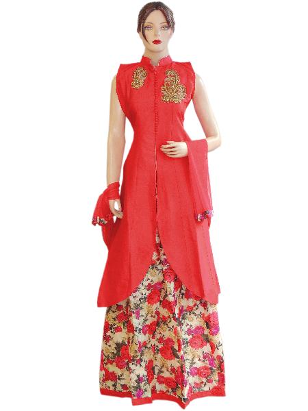 Silk Red Long Jacket Style Suit With Silk Printed Lehenga