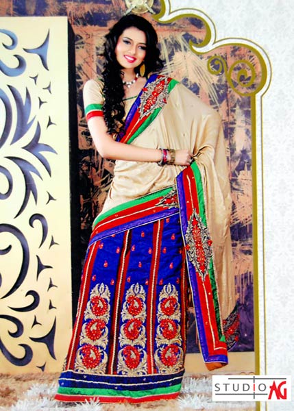 Golden and Blue Georgette Lehenga Style Saree