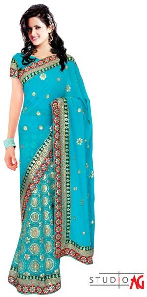 Turquoise Colour Georgette Embroidered Lehenga Style Saree