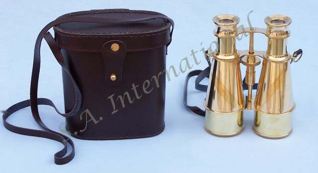 Full Brass Shiny Binocular with Black Leather Case