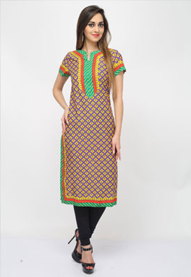 Violet Yellow Color Cotton Designer Kurtis