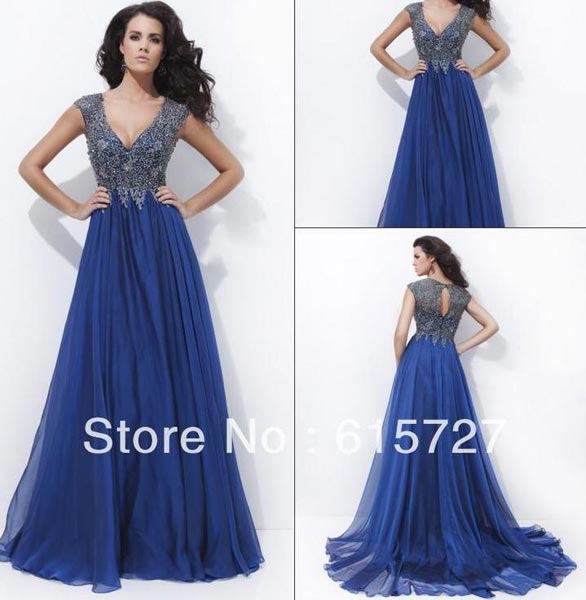 Royal Blue Chiffon V Neck Prom Dress