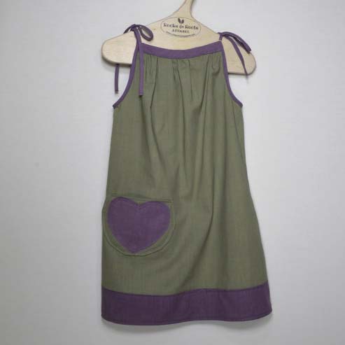 Cotton dress, Green with one purple heart pocket and purple accents