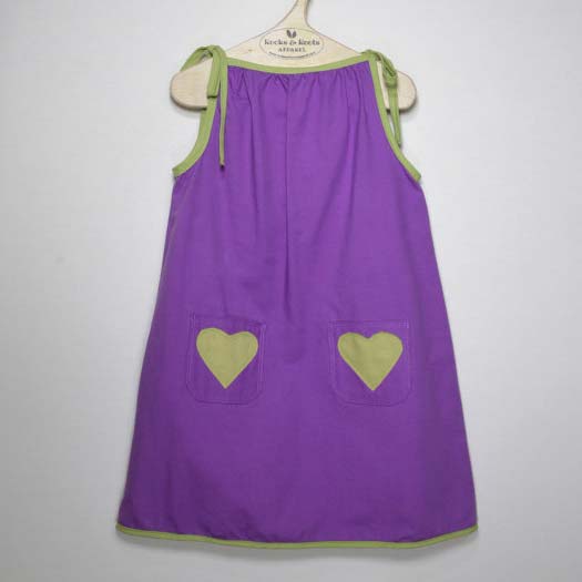 Cotton dress, Raspberry with two Lime green heart pocket.