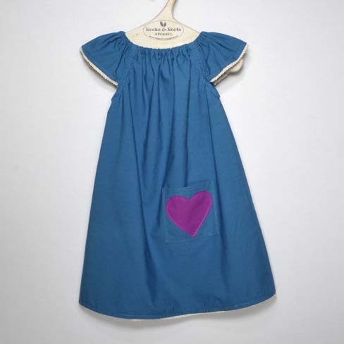 Organic Cotton dress, Teal with one Violet heart pocket