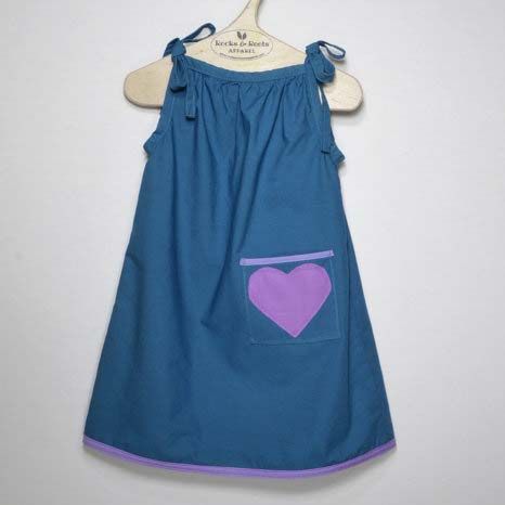 Organic Cotton Dress, Teal With One Violet Heart Pocket. Lace Accent