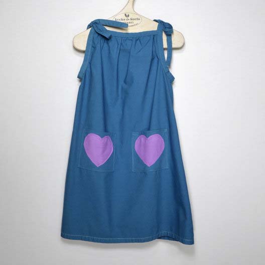 Organic Cotton dress, Teal with two Violet heart pocket