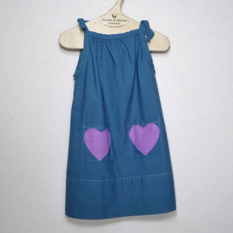 Organic Cotton dress, Teal with two Violet heart pocket.