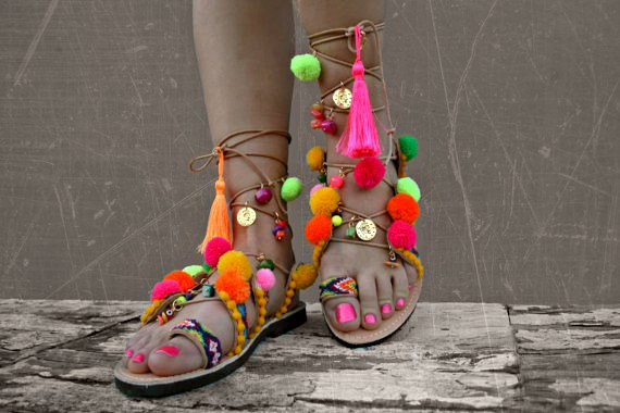 Ladies Unique Hippie Gladiator Pompom Sandals