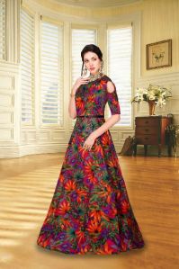 Non Brand Banglory Satin Silk Flower Design Gown, Gender : Female