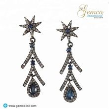 Blue Sapphire Pave Diamond Dangle Earrings