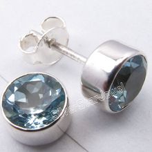 Solid Silver ROUND FACETED BLUE TOPAZ Studs