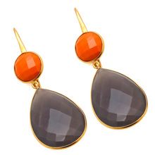 Gray Chalcedony and Orange Stone Earrings