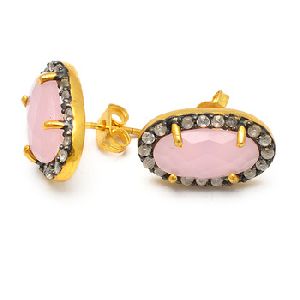 Oval Briolette Rose Chalcedony CZ Gemstone Stud Earrings