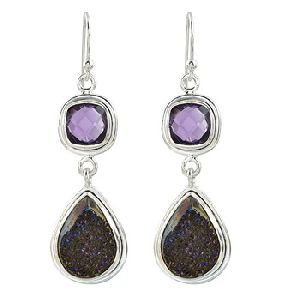 Pear Druzy Cushion Amethyst Earrings